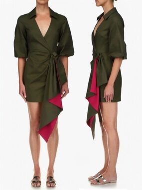 One33 Social Two-Tone Sash Detail Cotton Blend Faux Wrap 3/4” Shirt Mini Dress